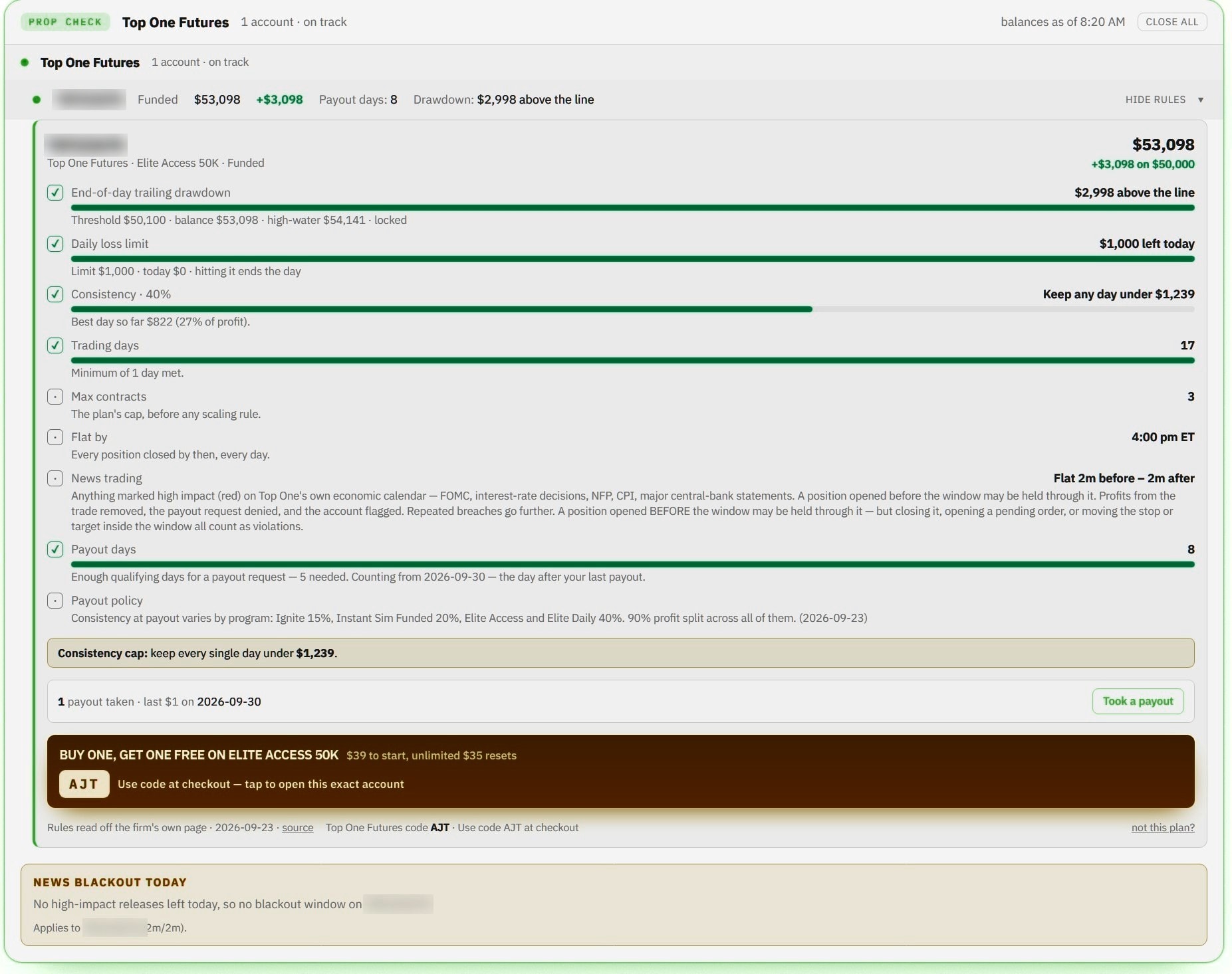 AJT OS Prop Check: Every prop-firm rule, tracked to the dollar.